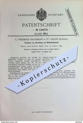 original Patent - C. Friedrich Hausmann , St. Gallen , Schweiz | 1896 | Dünndarmkapseln | Kapsel , Tabletten , Medizin