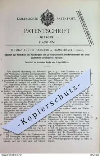 original Patent - Thomas Knight Barnard , Hammersmith , England | 1906 | Aufnahme photographischer Dreifarbenbilder !