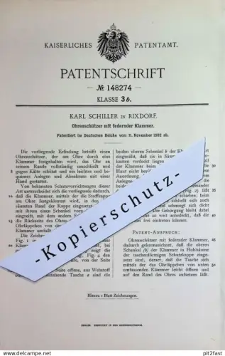 original Patent - Karl Schiller , Rixdorf | 1902 | Ohrenschützer mit federnder Klammer | Ohrenschutz | Ohren - Schutz