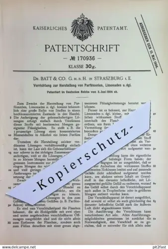 original Patent - Dr. Batt & Co. GmbH , Straßburg / Elsass | 1904 | Herst. von Parfüm , Duft , Limonade | Alkohol !!