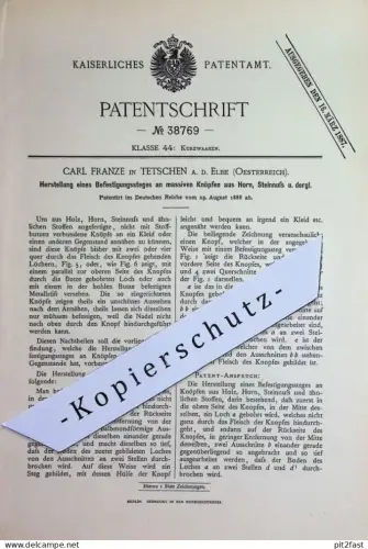 original Patent - Carl Franze , Tetschen / Elbe , Österreich | 1886 | Befestigungssteg an Knopf | Knöpfe , Horn , Nuss
