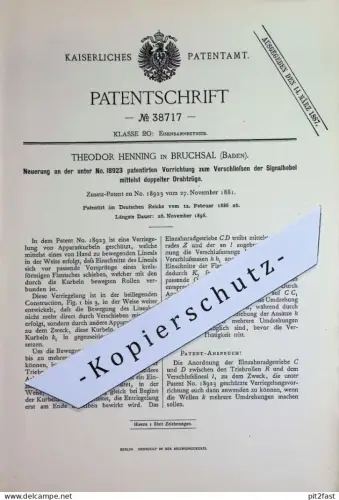 original Patent - Theodor Henning , Bruchsal , Baden | 1886 | Verriegelung an Eisenbahnen | Zahnrad - Getriebe | Bahn !!