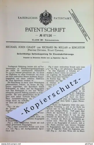 original Patent - Michael John Grady , Richard Mc Millan , Kingston , Ontario , Canada | 1895 | Eisenbahn - Kupplung !