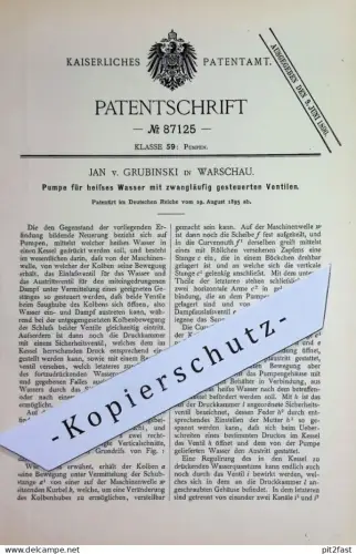 original Patent - Jan v. Grubinski , Warschau | 1895 | Pumpe für heißes Wasser | Pumpen , Ventil , Wasserhahn