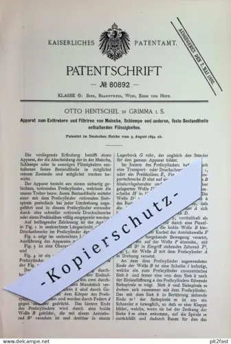 original Patent - Otto Hentschel , Grimma i. S. | 1894 | Enttrebern u. Filtrieren v. Maische , Schlempe | Filter Filtern