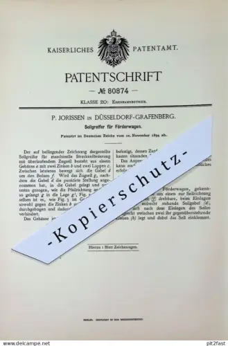 original Patent - P. Jorissen , Düsseldorf / Grafenberg | 1894 | Seilgreifer für Förderwagen | Eisenbahn , Bahn , Wagon