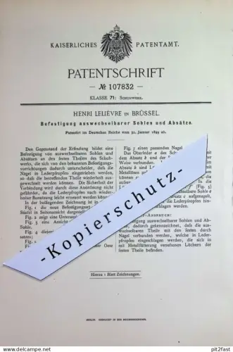 original Patent - Henri Lelièvre , Brüssel , Belgien | 1899 | Befestigung wechselbarer Sohlen & Absätze | Schuh , Schuhe
