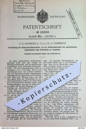 original Patent - C. G. Haubold Jr. GmbH , Chemnitz | 1905 | Rollenschneidmaschinen für Papierbahnen | Papier , Druck