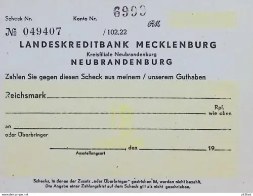 Landeskreditbank Neubrandenburg i. Mecklenburg , ca. 1940 , alter Scheck , Bank , Sparkasse !!