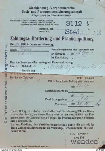 Neddesitz a. Rügen i. Mecklenburg , 1946 , Versicherung Rostock , Prämienquittung !!