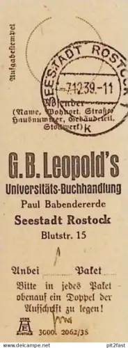 Buchhandlung - G.B. Leopold in Rostock i. Mecklenburg , 1939 , alter Beleg !!