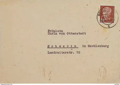 Carla von Otterstedt in Schwerin i. Mecklenburg , 1950 , Zentral-Anmeldestelle Berlin , alter Umschlag  !!