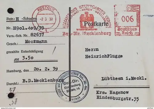 Heinrich Flugge in Lübtheen i. Mecklenburg , 1939 , Ganzsache , Allianz Rostock , altes Dokument !!