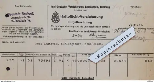 Versicherung für Paul Kantorek in Kühlungsborn i. Mecklenburg , 1942 , Seestadt Rostock , Quittung !!