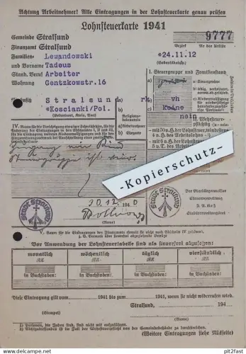 Zuckerfabrik Stralsund - Barth i. Mecklenburg , 1941 , Lohnsteuerkarte , Tadeus Lewandowski !!