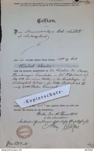 Brauerei Joh. Leicht in Ludwigslust i. Mecklenburg , 1884 , Eisenbahn Gesellschaft Hamburg , Hypothek , altes Dokument !