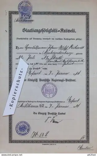 Staatsangehörigkeits-Ausweis , Mühlhausen i. Th. , 1914 , Erfurt , J. Richard in Neubrandenburg , Struth , Dokument !!