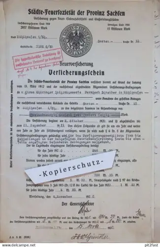 alte Versicherungsakte , Holzprägewerk Mühlhausen i. Th. , 1920 , Sägewerk , Merseburg , Feuerversicherung , Dokument !!