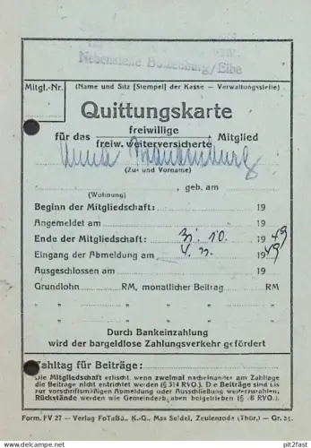 Anna Brandenburg in Boizenburg i. Mecklenburg , 1948/49 , Quittungskarte , alte Rechnung / Dokument