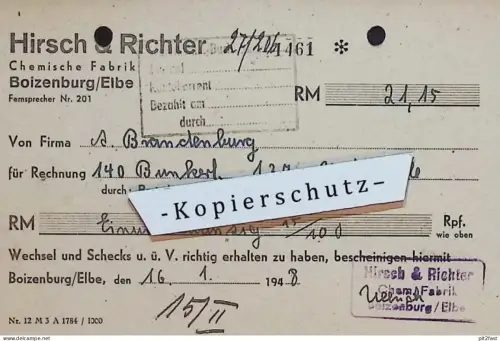 Chemische Fabrik - Hirsch & Richter in Boizenburg i. Mecklenburg , 1948 , Reklame , Werbung , alte Rechnung / Dokument !