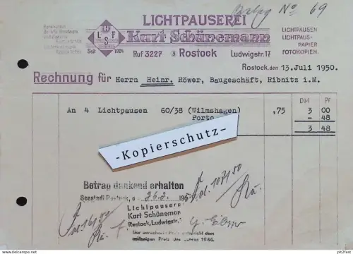 Lichtpauserei - Kurt Schünemann in Rostock i. Mecklenburg , 1950 , Reklame , Werbung , alte Rechnung / Dokument !!