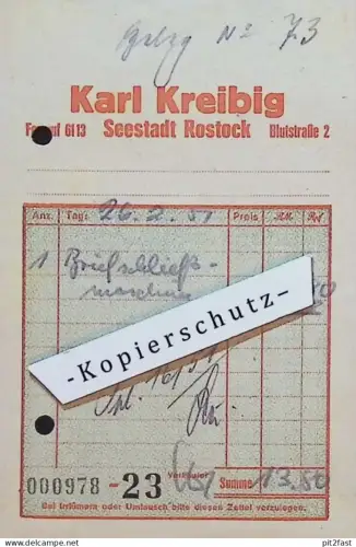 Karl Kreibig in Rostock i. Mecklenburg , 1951 , Reklame , Werbung , alte Rechnung / Dokument !!