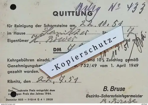 Schornsteinfeger - B. Bruse in Ribnitz i. Mecklenburg , 1951 , Reklame , Werbung , alte Rechnung / Dokument !!