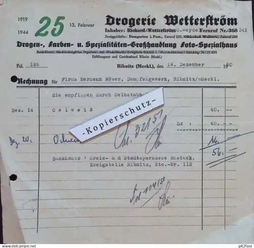 Drogerie Wetterström in Ribnitz i. Mecklenburg , 1950 , H. Röwer , Reklame , Werbung , alte Rechnung / Dokument !!