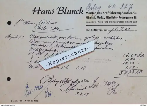 KFZ-Meister Hans Blunck in Ribnitz i. Mecklenburg , 1951 , Reklame , Werbung , alte Rechnung / Dokument !!