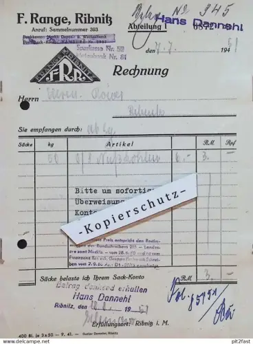 F. Range und Hans Dannehl in Ribnitz i. Mecklenburg , 1951 , Reklame , Werbung , alte Rechnung / Dokument !!