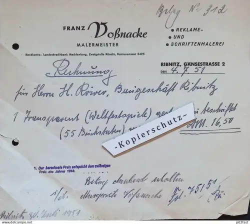 Malermeister - Franz Voßnacke in Ribnitz i. Mecklenburg , 1951 , Reklame , Werbung , alte Rechnung / Dokument !!