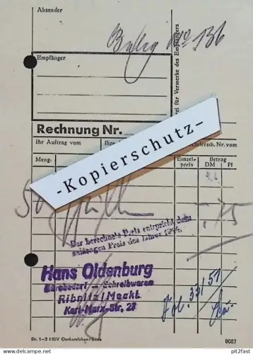 Schreibwaren - Hans Oldenburg in Ribnitz i. Mecklenburg , 1951 , alte Rechnung / Dokument !!
