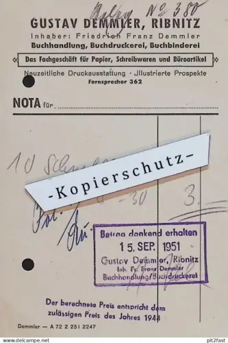 Druckerei - Gustav Demmler in Ribnitz i. Mecklenburg , 1951 , alte Rechnung / Dokument !!