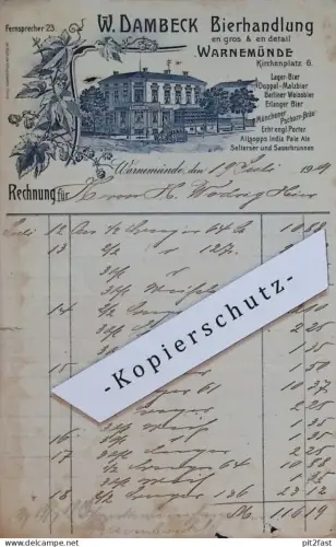 Bierhandlung - W. Dambeck in Warnemünde i. Mecklenburg , 1909 , Brauerei , alte Rechnung / Dokument !!