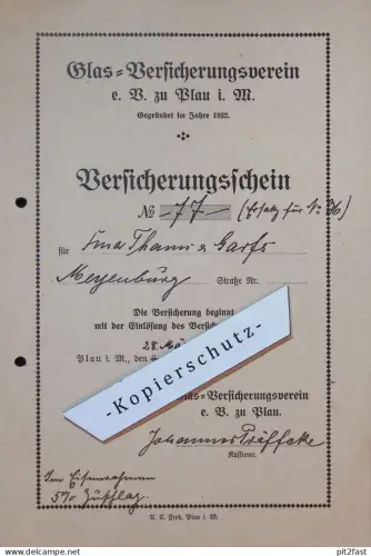 Glas-Versicherung zu Plau i. Mecklenburg , 1930 , Fa. Thams & Garfs in Meyenburg !!