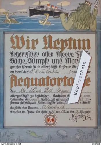 Urkunde - Äquatortaufe , 1937 , Dr. F.W. Meyer auf Schiff P.O. La Coruna , Neptun , Neptunfest , Dampfer !!