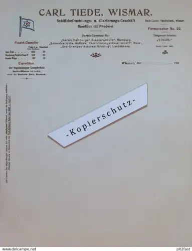 Spedition und Reederei Carl Tiede in Wismar i. Mecklenburg , 1900 , Reklame , Werbung , alte Rechnung / Dokument !!