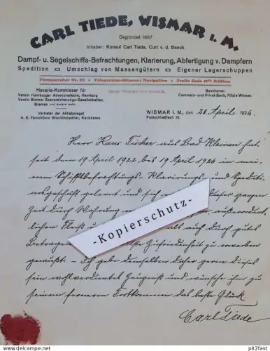 Dampf- und Segelschiffe Carl Tiede in Wismar i. Mecklenburg , 1929 , Bad Kleinen , Werbung , alte Rechnung / Dokument !!