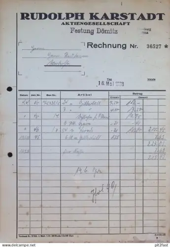 Rudolph Karstadt in Festung Dömitz i. Mecklenburg , 1938 , Reklame , Werbung , alte Rechnung / Dokument !!