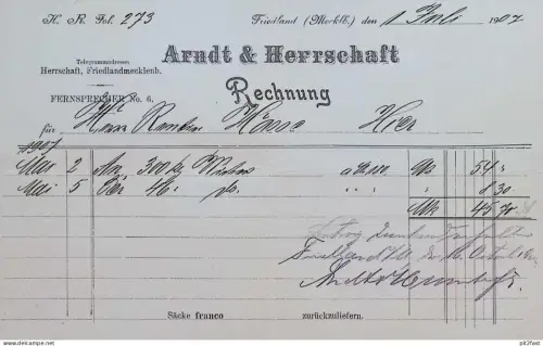 Arndt & Herrschaft in Friedland i. Mecklenburg , 1907 , Reklame , Werbung , alte Rechnung / Dokument !!