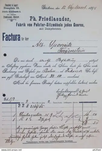 Polstermöbel - Ph. Friedlaender in Güstrow i. Mecklenburg , 1898 , Reklame , Werbung , alte Rechnung / Dokument !!