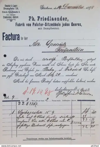 Polstermöbel - Ph. Friedlaender in Güstrow i. Mecklenburg , 1898 , Reklame , Werbung , alte Rechnung / Dokument !!