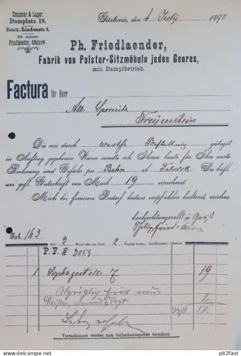 Polstermöbel - Ph. Friedlaender in Güstrow i. Mecklenburg , 1898 , Reklame , Werbung , alte Rechnung / Dokument !!
