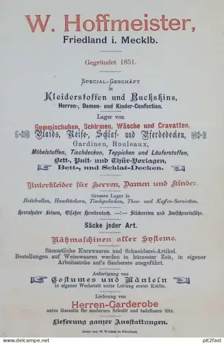 Special-Geschäft W. Hoffmeister in Friedland i. Mecklenburg , 1898 , Reklame , Werbung , alte Rechnung / Dokument !!