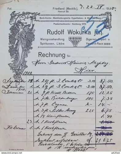 Spirituosen - Rudolf Wokura in Friedland i. Mecklenburg , 1910 , alte Rechnung / Dokument !!