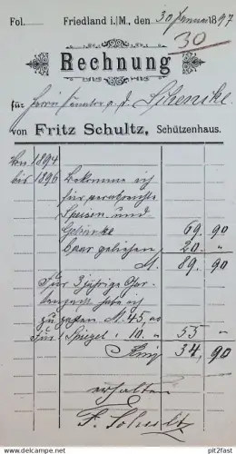 Schützenhaus - Fritz Schultz in Friedland i. Mecklenburg , 1897 , alte Rechnung / Dokument !!