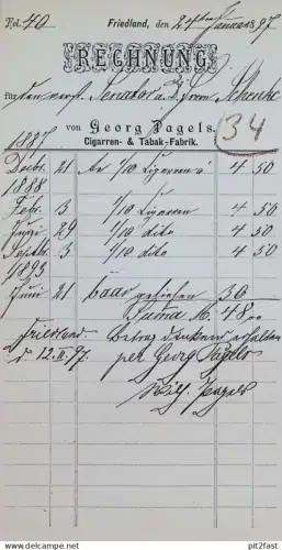 Tabak-Fabrik Georg Pagels in Friedland i. Mecklenburg , 1897 , alte Rechnung / Dokument !!