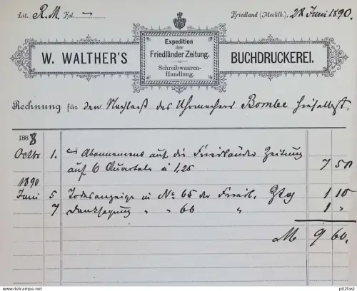 Buchdruckerei - W. Walther in Friedland i. Mecklenburg , 1890 , alte Rechnung / Dokument !!