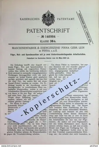 original Patent - Maschinenfabrik & Eisengießerei Pirna Gebr. Lein | 1903 | Füge-, Nut- u. Spundmaschine | Messer