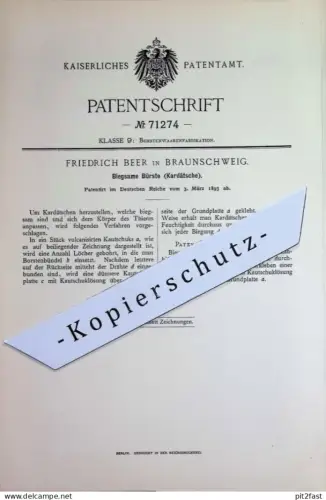original Patent - Friedrich Beer , Braunschweig | 1893 | Biegsame Bürste | Kardätsche | Borsten  Bürsten | Bürstenmacher